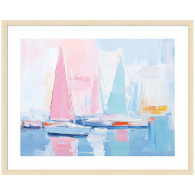 Abstract coastal framed print depicting pastel sailboats on calm water with reflections, by The Creative Bunch Studio