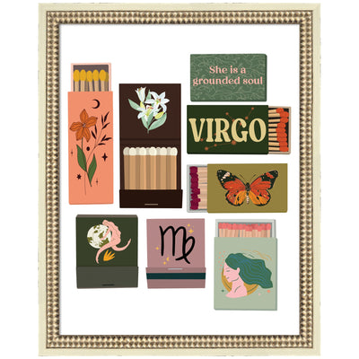Virgo Matchbooks framed wall art print by Megan Ryan in Castellan Distressed White frame, displayed on a neutral wall