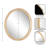 Round wall mirror with a 24-inch diameter natural wood frame featuring a thick, scalloped 1.5-inch deep profile and D-ring hangers on the back