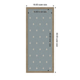 Rectangular pinboard with a light wood frame and a blue fabric surface featuring a repeated small white botanical block print pattern, dimensions labeled around edges.