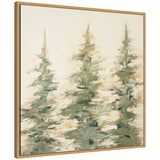 Abstract painting of three tall evergreen trees in muted green and beige tones on a light cream background, framed in light wood.