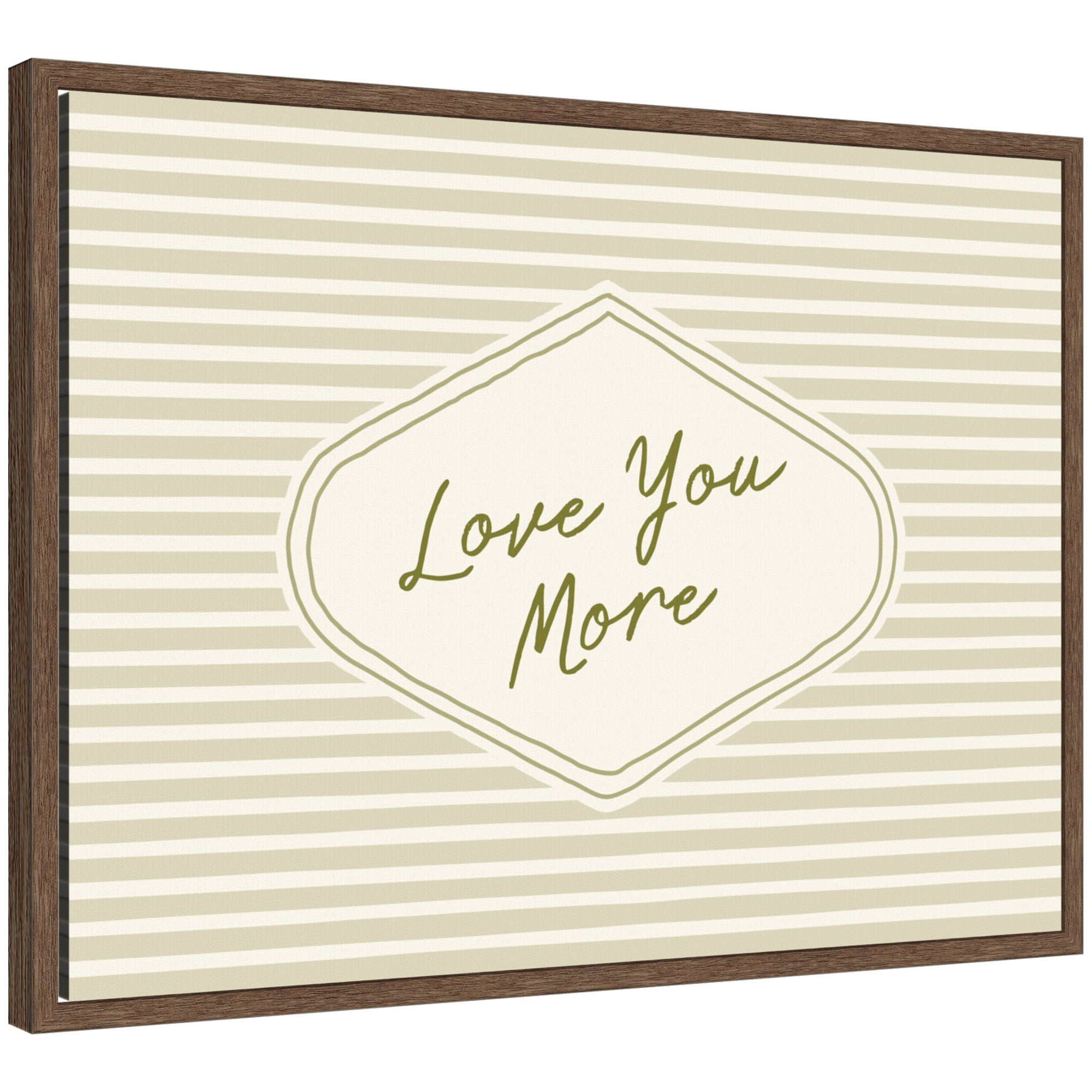 Retro Love You More Sage Green Striped framed canvas wall art by Lucky Guava displayed on wall