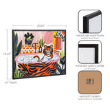 Framed print of a tiger lounging in a bubbly bathtub with orange tiger-striped sides, surrounded by vibrant plants and colorful bathroom decor in bold minimalist style.