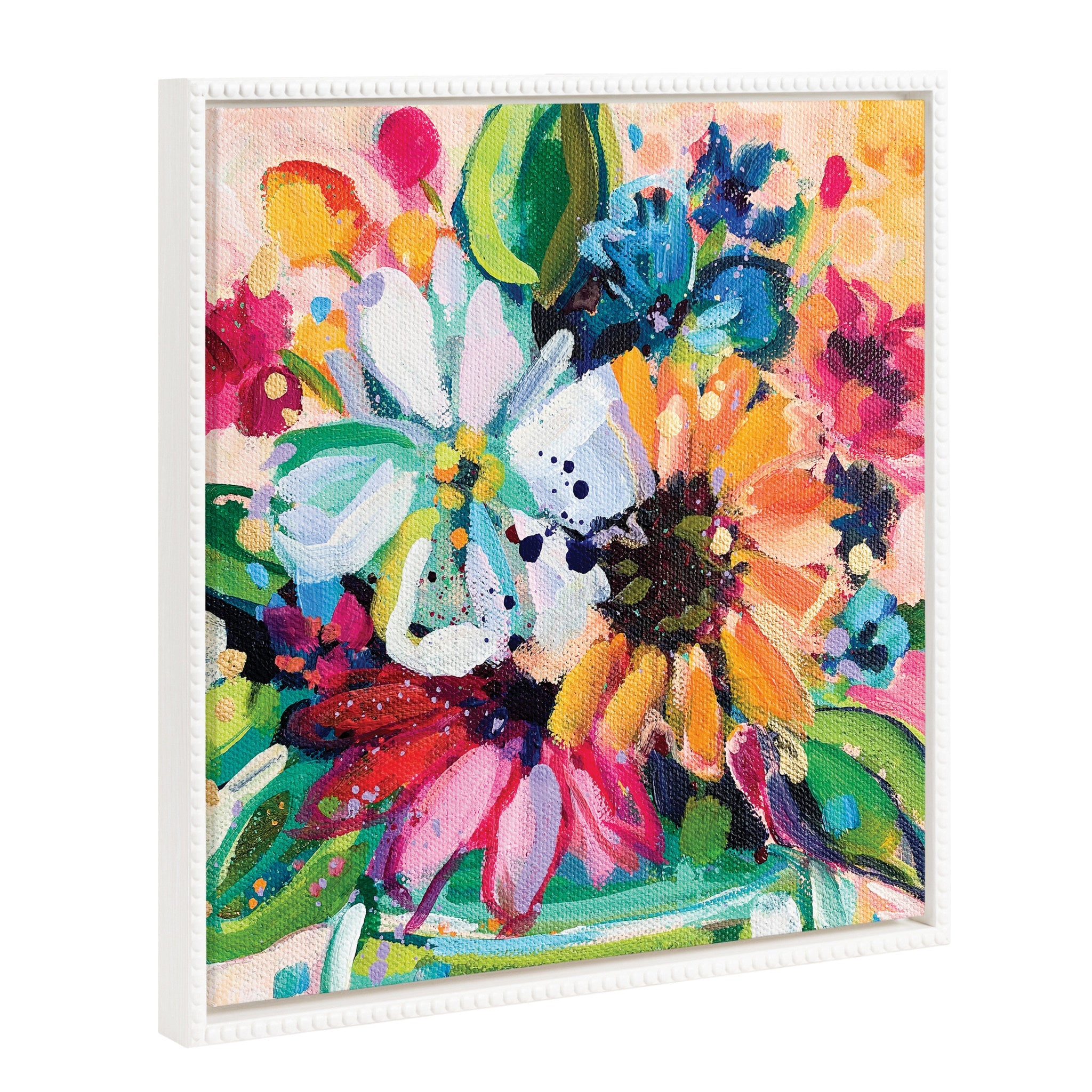 Sylvie Beaded Wild Growth framed canvas art featuring floral brushstrokes in a white vintage beaded frame