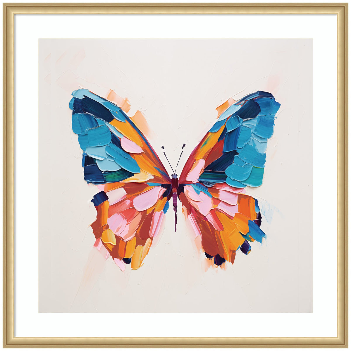 Abstract butterfly painted with bold, broad brushstrokes in blue, orange, pink, and teal hues on a white background, framed in a thin gold frame.