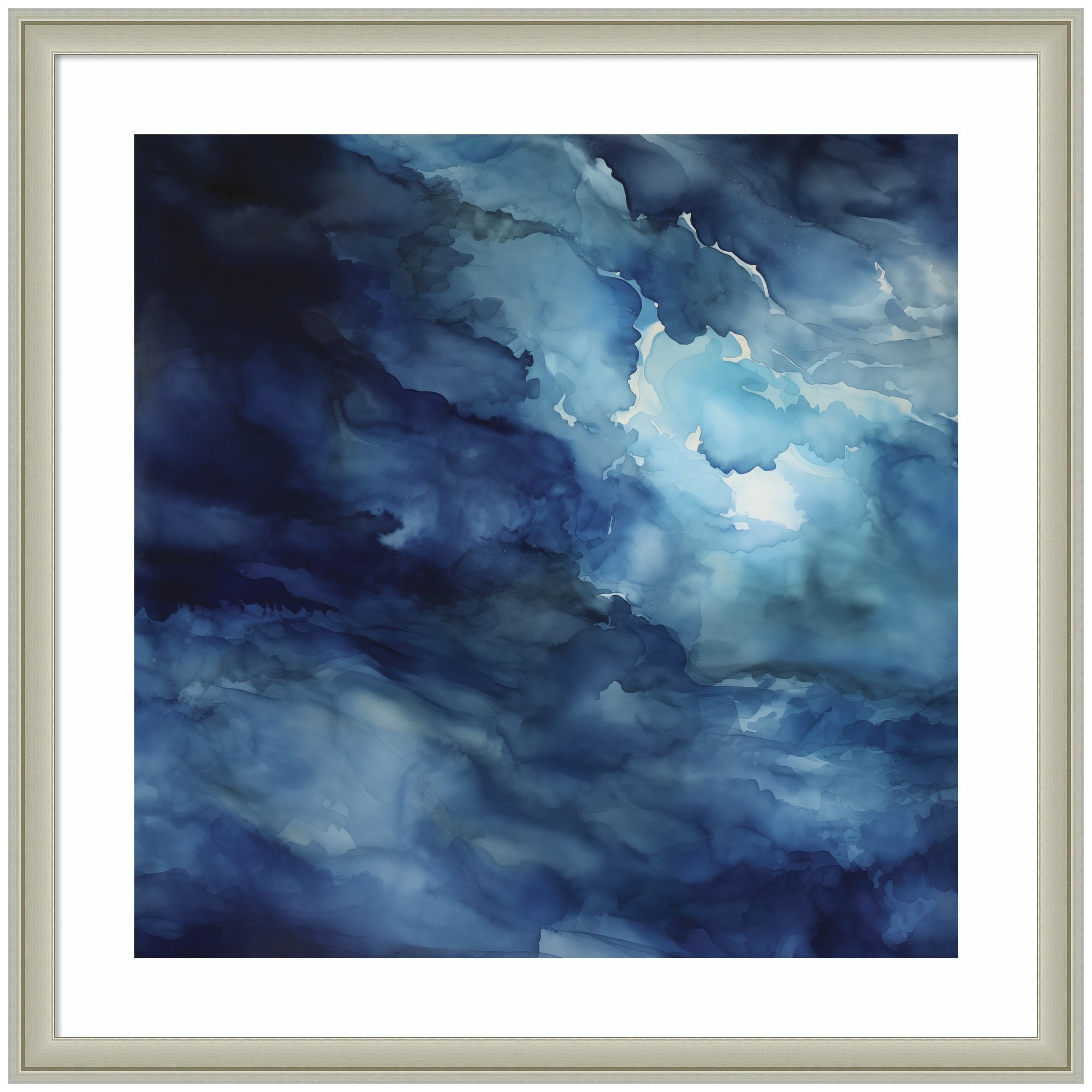 Framed Rich Blue Watery Abstract artwork by The Creative Bunch Studio in silver moulding