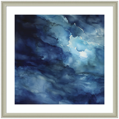 Framed Rich Blue Watery Abstract artwork by The Creative Bunch Studio in silver moulding