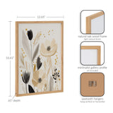 Framed modern floral artwork featuring beige and black flowers with gold dots, in a natural oak wood frame with minimalist gallery profile.