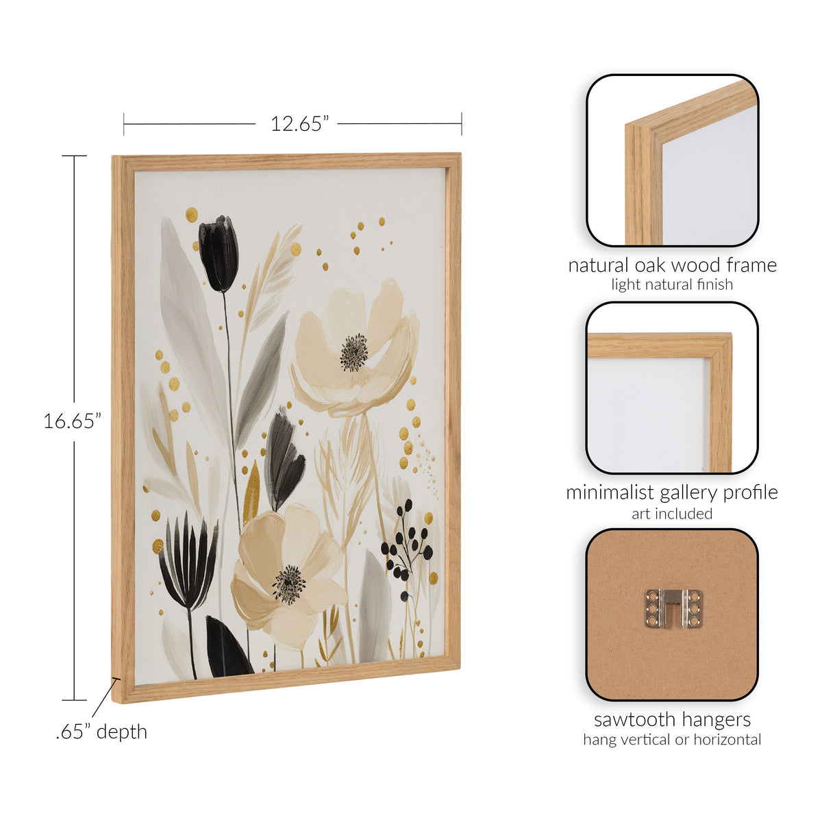 Framed modern floral artwork featuring beige and black flowers with gold dots, in a natural oak wood frame with minimalist gallery profile.