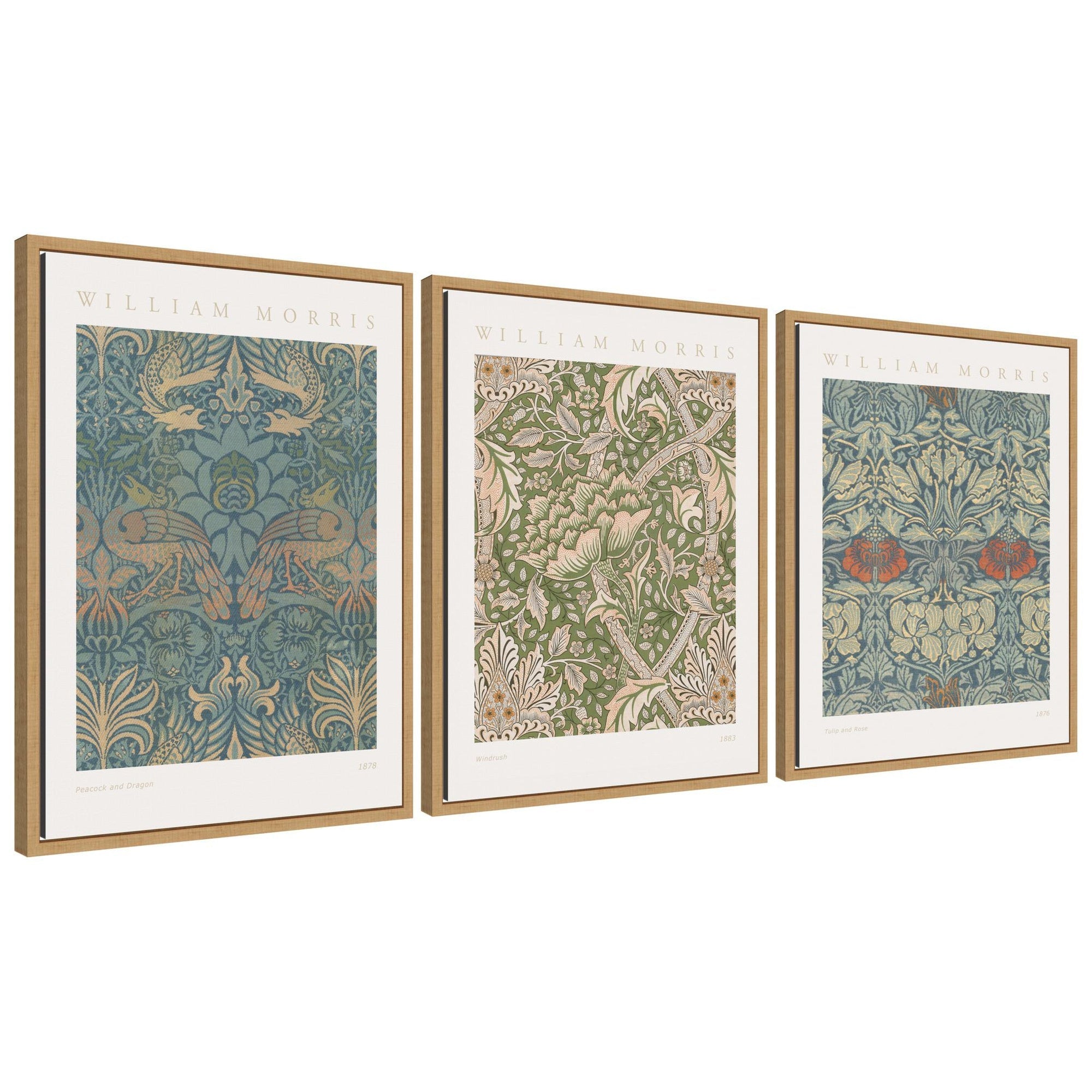Three framed canvas art pieces featuring William Morris poster prints with floral and nature motifs, arranged side by side on a white wall.
