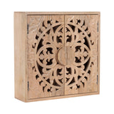Saanvi Carved Wood Wall Cabinet in natural wood finish mounted on wall above toilet with carved floral details