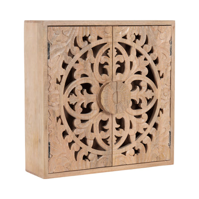Saanvi Carved Wood Wall Cabinet in natural wood finish mounted on wall above toilet with carved floral details