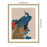 Vintage-style illustration of a blue peacock with detailed gold and black feathers perched beside bright orange peonies on a textured neutral linen background.