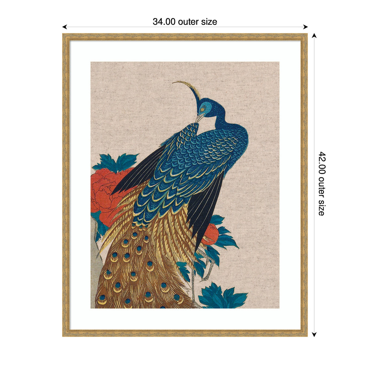 Vintage-style illustration of a blue peacock with detailed gold and black feathers perched beside bright orange peonies on a textured neutral linen background.