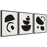 Three black geometric abstract shapes on off-white backgrounds, each framed in black with varied curved and angular forms in a minimalist triptych layout.