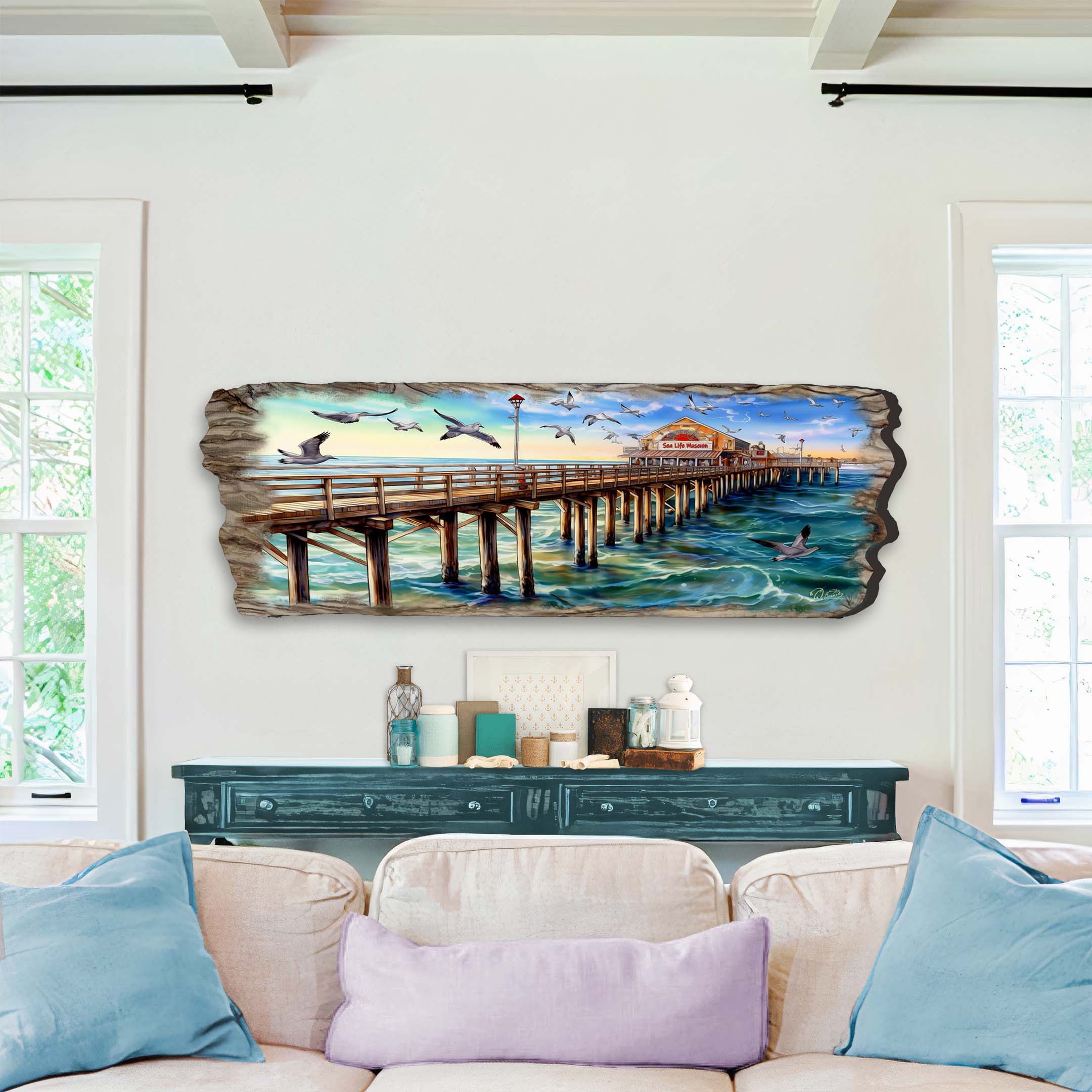 Pier Panorama Wooden Wall Art by G. DeBrekht depicting a coastal scene with a pier and seagulls