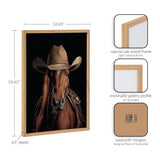 Portrait of a brown horse wearing a worn western cowboy hat against a black background, framed in natural oak wood with minimalist gallery profile.
