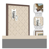 Rectangular beige pinboard with a brown wooden frame, featuring a diamond lattice pattern and two black and white photos pinned on it.