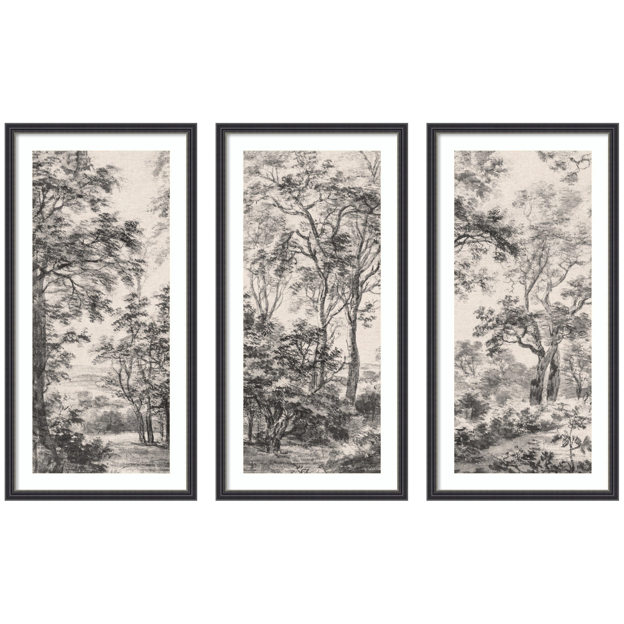Wooded Landscape after 1648 Antonie Waterloo Linen Panel 3 Piece Framed Wall Art Print Set displayed in interior setting