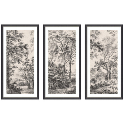 Wooded Landscape after 1648 Antonie Waterloo Linen Panel 3 Piece Framed Wall Art Print Set displayed in interior setting