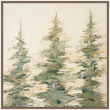 Abstract painting of three evergreen trees with soft green and beige tones on a light cream background, framed in a simple wooden frame.