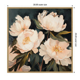 Square framed canvas painting of four large creamy white peony flowers with green leaves against a dark teal background, measuring 30 by 30 inches outer size.