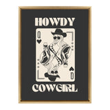 Black and cream playing card design showing Queen of hearts as a cowgirl wearing a hat and sunglasses, holding a drink, with 'Howdy Cowgirl' text above and below.