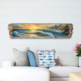 Long wooden panel featuring a painted ocean wave scene with a small sailboat near sunset and dramatic clouds, hung above a white couch with fish-patterned pillows.