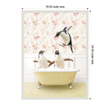 Three penguins in and around a vintage yellow clawfoot bathtub filled with bubbles, set against floral wallpaper and pale yellow floor.