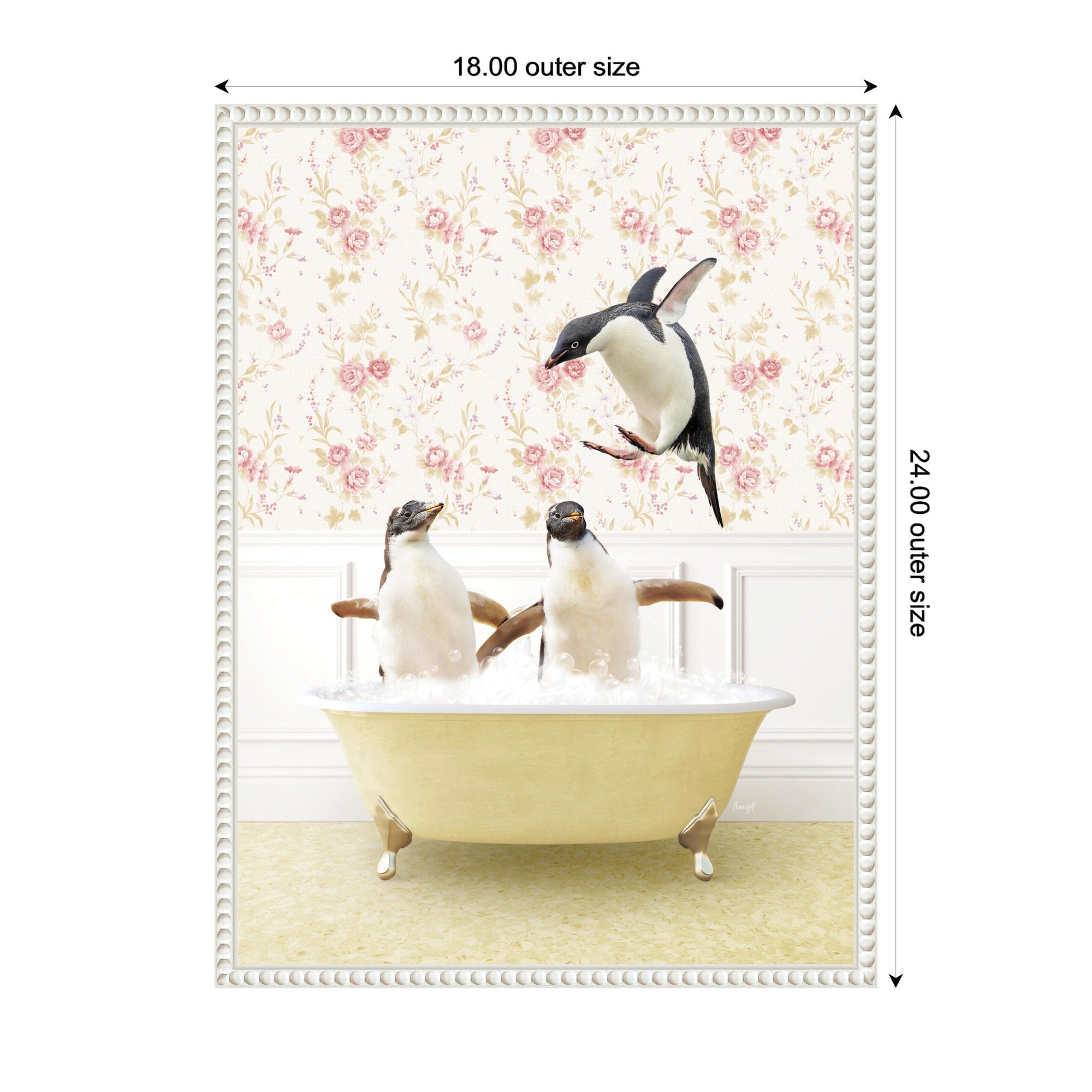 Sylvie Penguins in Vintage Yellow Bath Framed Canvas by Amy Peterson