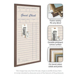 Rectangular fabric pinboard resembling a guest check with a brown wooden frame and beige linen surface pinned with two black-and-white photos.