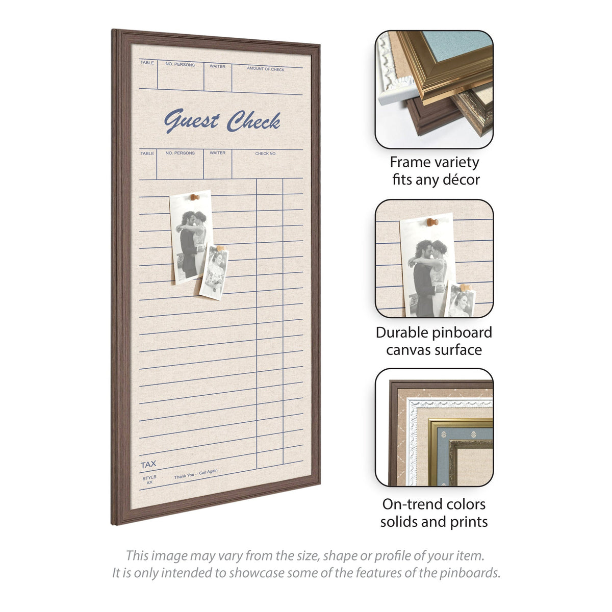 Rectangular fabric pinboard resembling a guest check with a brown wooden frame and beige linen surface pinned with two black-and-white photos.