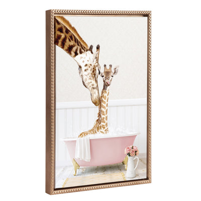 Framed canvas art showing a mother and baby giraffe in a cottage rose bath scene with a gold vintage beaded frame