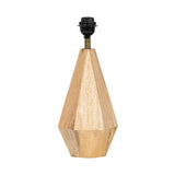 Faceted geometric wooden table lamp base with natural wood grain, topped with a black bulb socket and brass connector, isolated on white background.