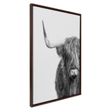 Framed canvas wall art showing a black-and-white portrait of a Highland cow