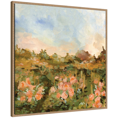 Square framed canvas wall art titled 'Rose Garden' by Annie Quigley, featuring detailed floral imagery within a rustic natural beaded frame.