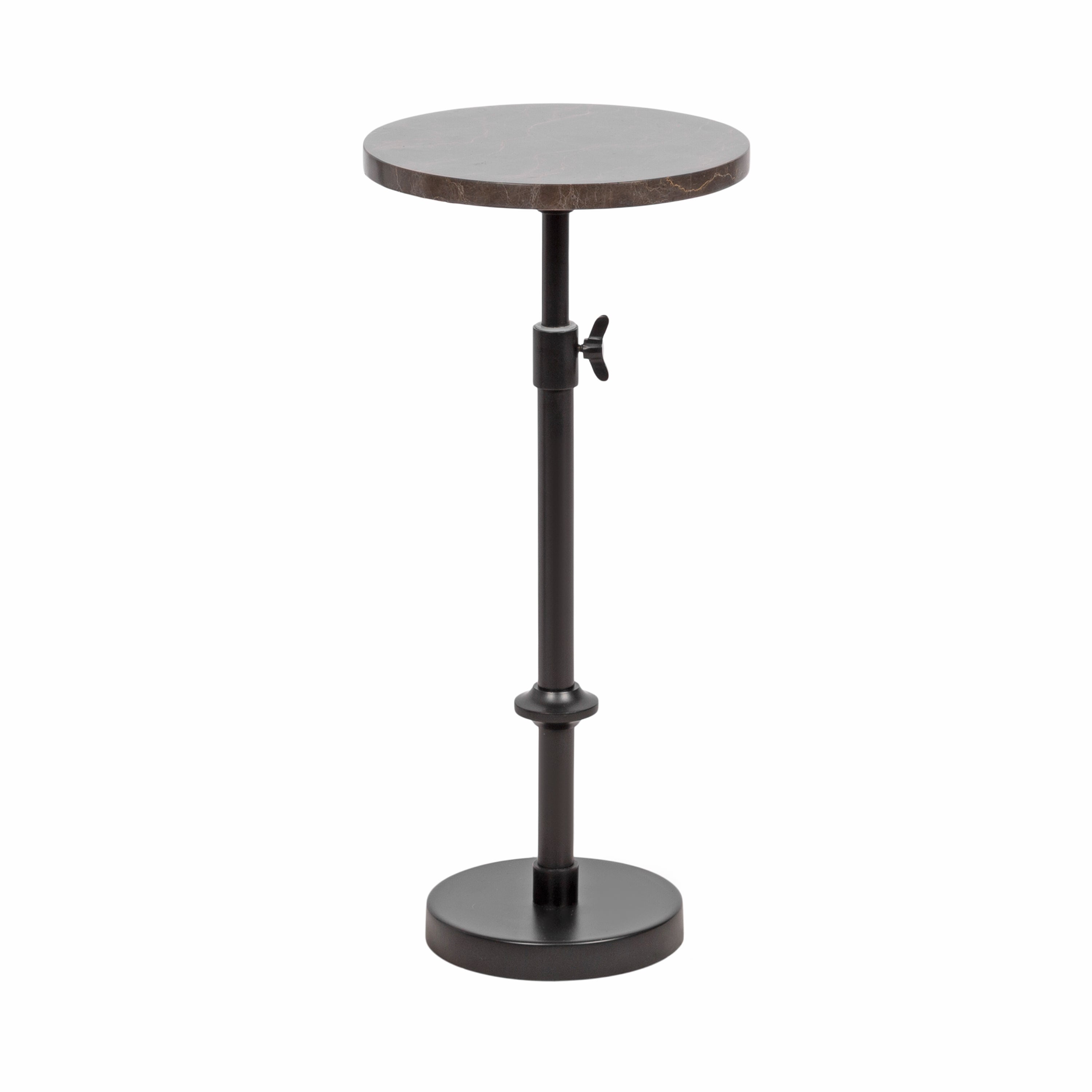 Engles Adjustable Marble Table and Plant Stand showing round decorative tabletop and adjustable base mechanism
