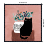 Stylized black cat with wide eyes sits next to a white vase with polka dots holding abstract multicolored leaves, all on a muted pink background within a black frame.