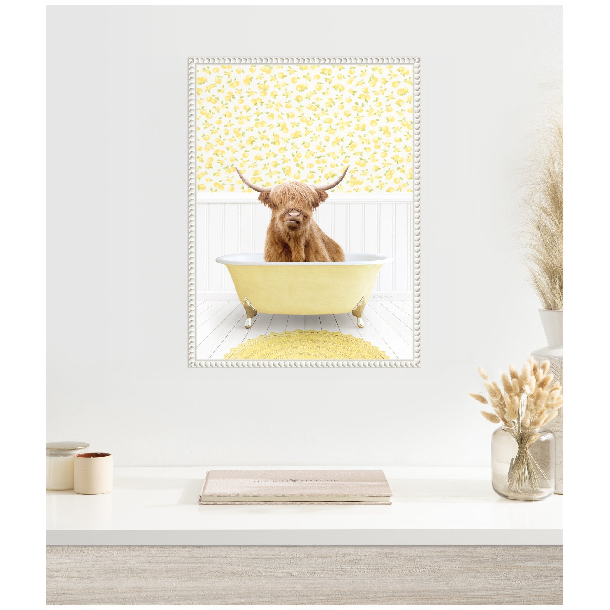 Sylvie Highland Cow in Cottage Yellow Bathtub Framed Canvas by Amy Peterson