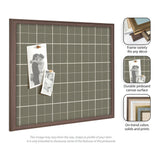 Rectangular pinboard with sage green plaid fabric surface and brown frame, displaying two black and white photos pinned with wooden clips, accompanied by inset images of frame styles and fabric texture.