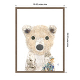 Framed canvas print of a stylized polar bear with a textured birch bark body and fuzzy beige head holding blue and beige flowers, set on a white background.