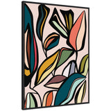 Framed canvas print featuring an abstract ficus-inspired design with bold, curving leaves in black outlines and a mix of teal, orange, green, and yellow on a soft pink background.