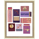 Sagittarius Matchbooks framed art print by Megan Ryan showing abstract matchbook designs in muted colors with distressed white frame