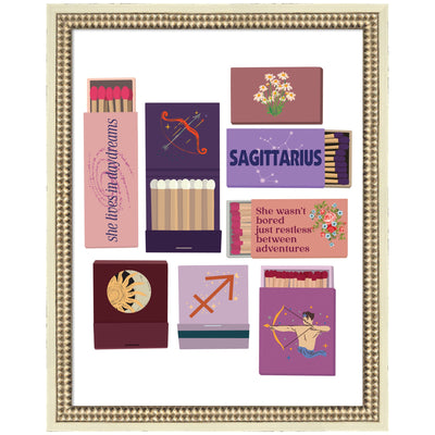 Sagittarius Matchbooks framed art print by Megan Ryan showing abstract matchbook designs in muted colors with distressed white frame