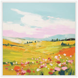 Framed canvas painting of a colorful meadow with pink and white flowers in green and orange fields under a blue sky with white and pink clouds.