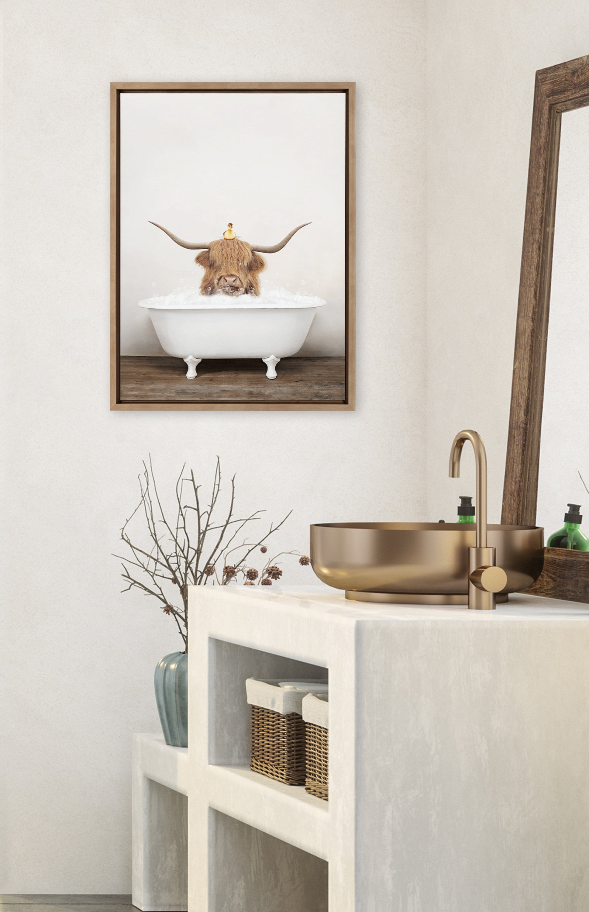 Sylvie Highland Cow and Duckling in Rustic Bath Framed Canvas by kateandlaurel - product image 10 for Resin Society