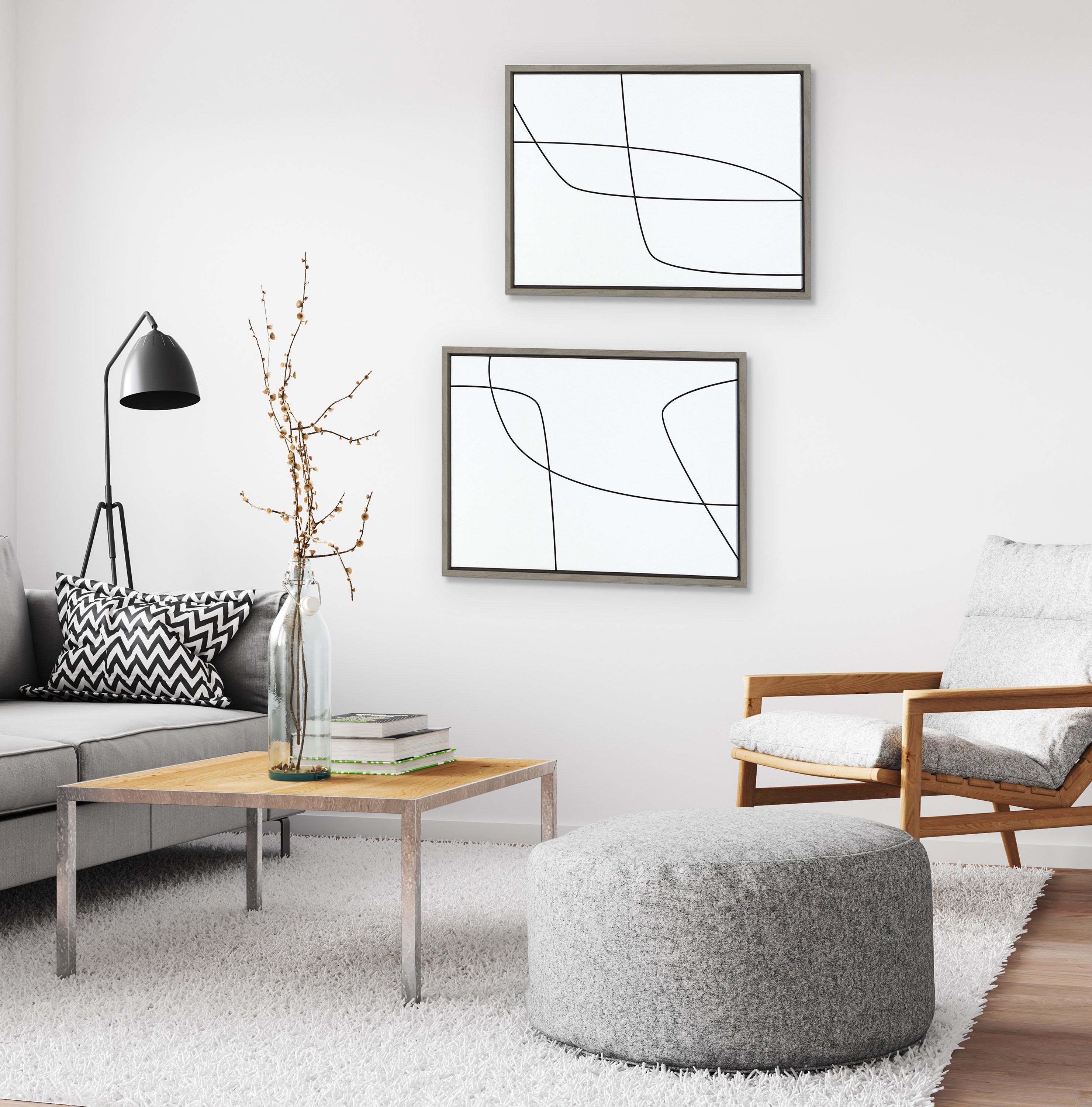 Sylvie Modern Line Abstract 3 and 4 Black and White Framed Canvas by