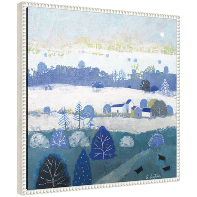Sylvie Winter Dales abstract framed canvas art by Giuliana Lazzerini showing abstract patterns in muted blues and whites with a vintage beaded frame