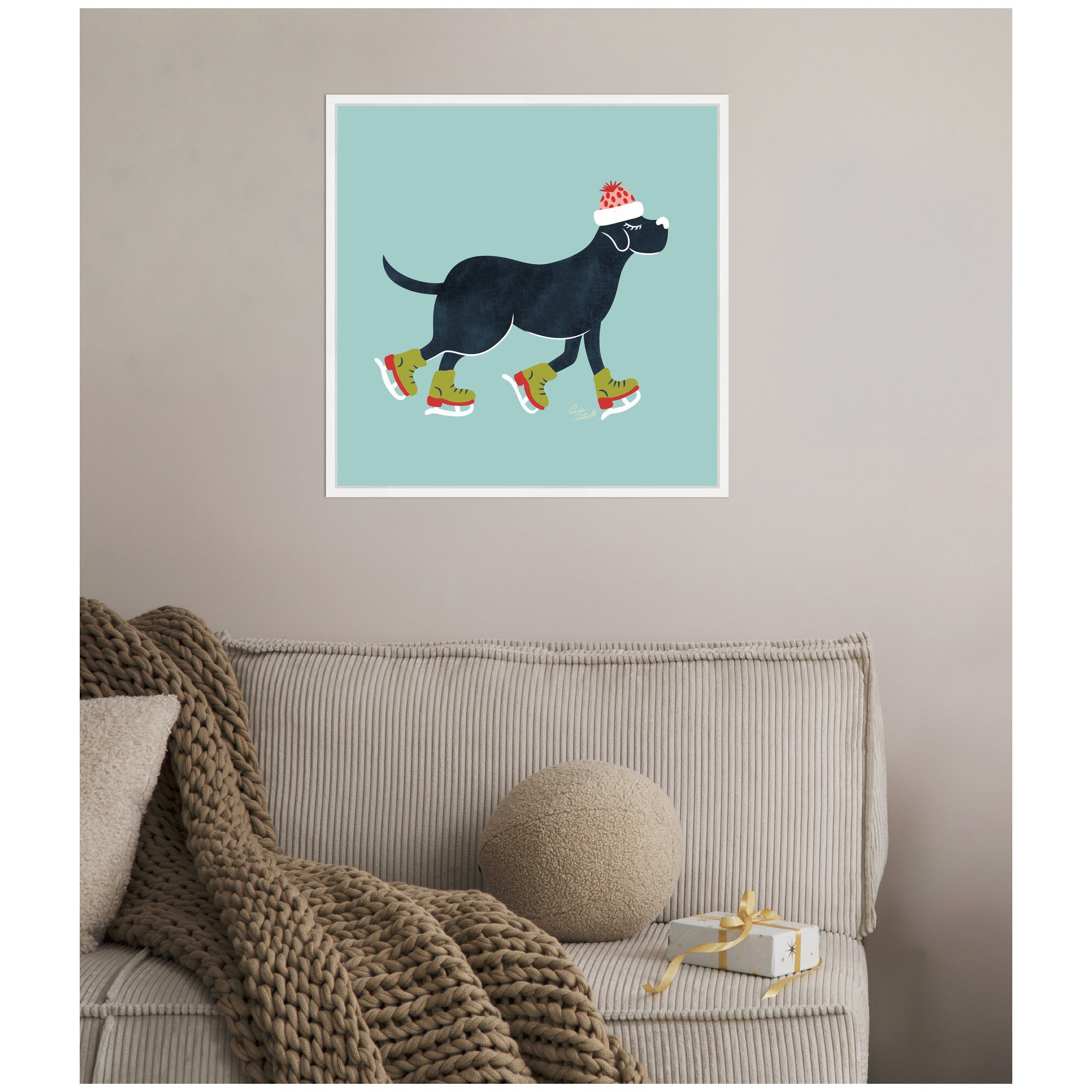 Sylvie Framed Canvas Cute Christmas Black Labrador Retriever by Carrie Cantwell