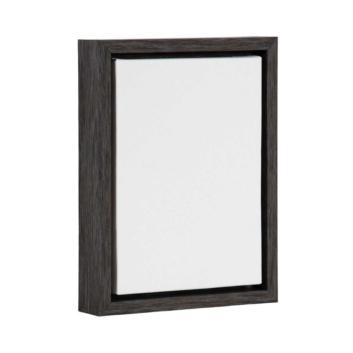 Empty 8x10 white canvas in a dark wooden frame with a simple box-style profile, shown at a slight angle on a white background.